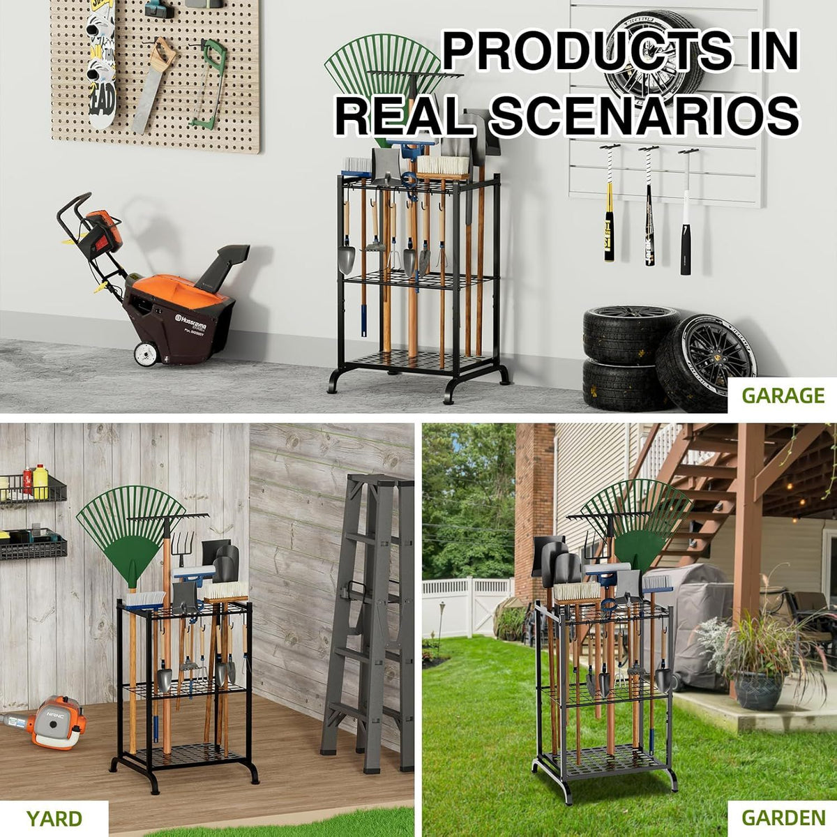 Garden Tool Tower Rack Keeps Long-Handled Yard Tools Standing Ready