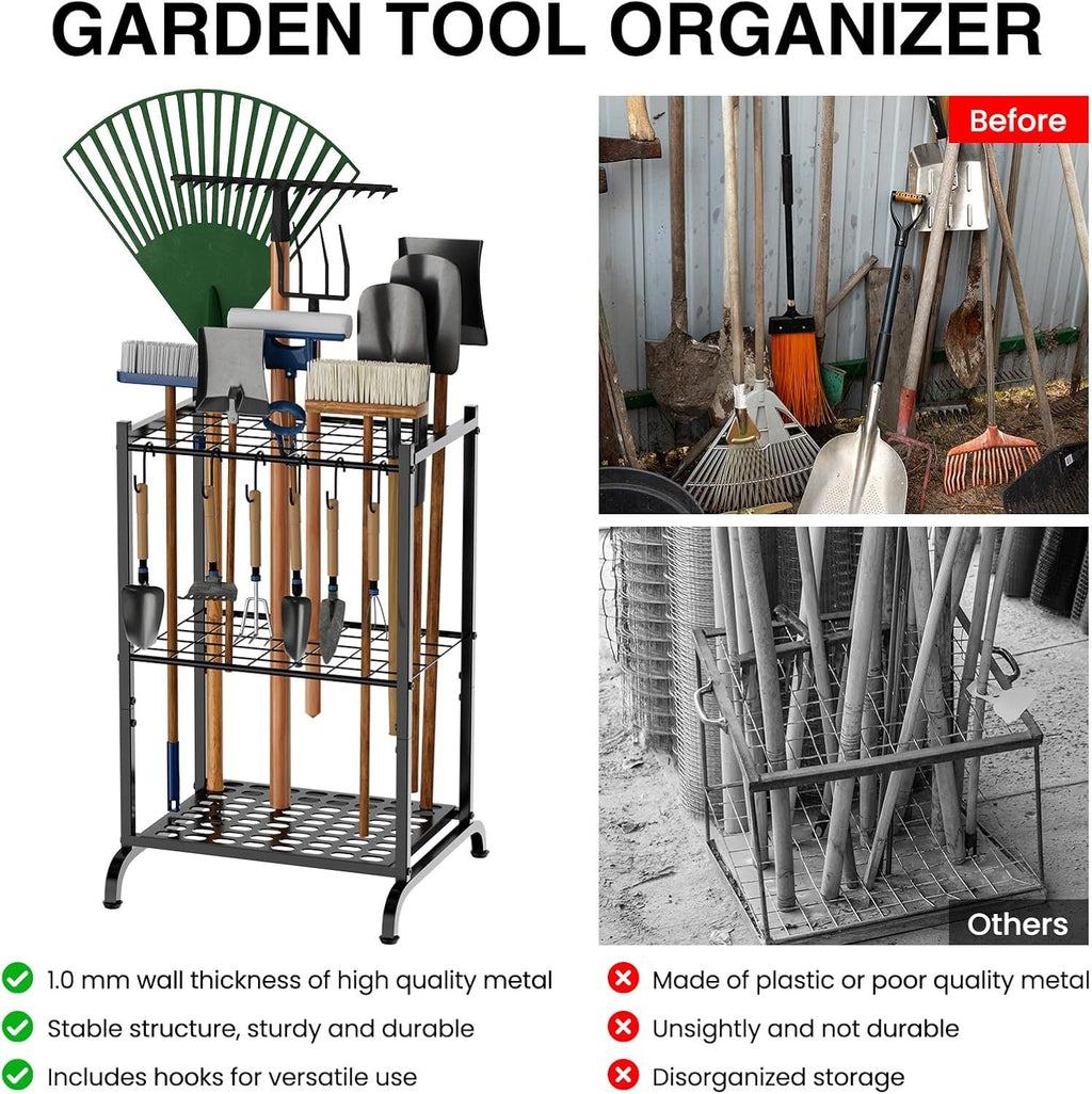 Garden Tool Tower Rack Keeps Long-Handled Yard Tools Standing Ready