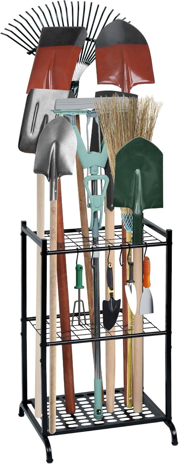 Garden Tool Tower Rack Keeps Long-Handled Yard Tools Standing Ready
