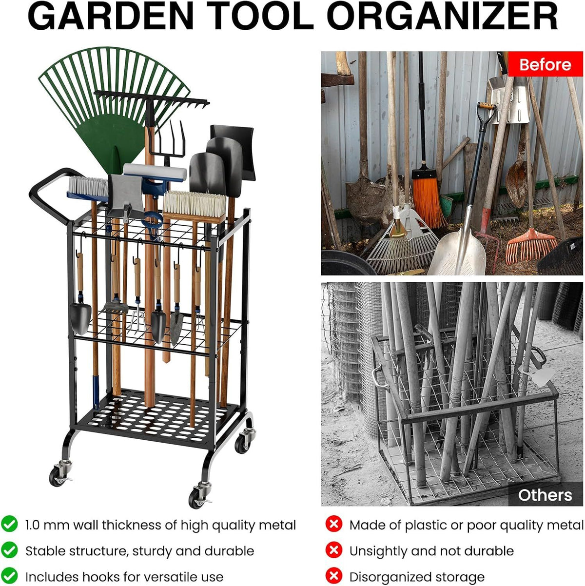 Garden Tool Tower Rack Keeps Long-Handled Yard Tools Standing Ready