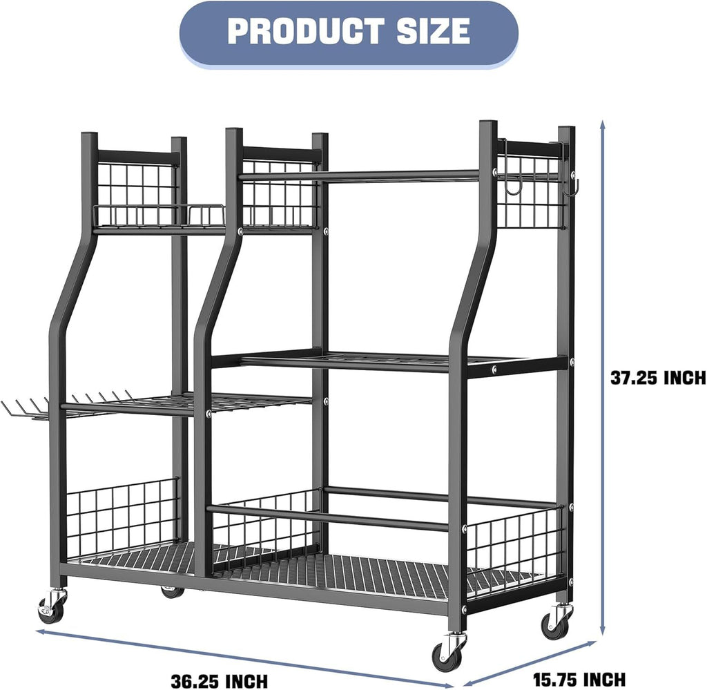 Rolling Garden Tool Organizer for Rakes, Shovels, and Yard Tools