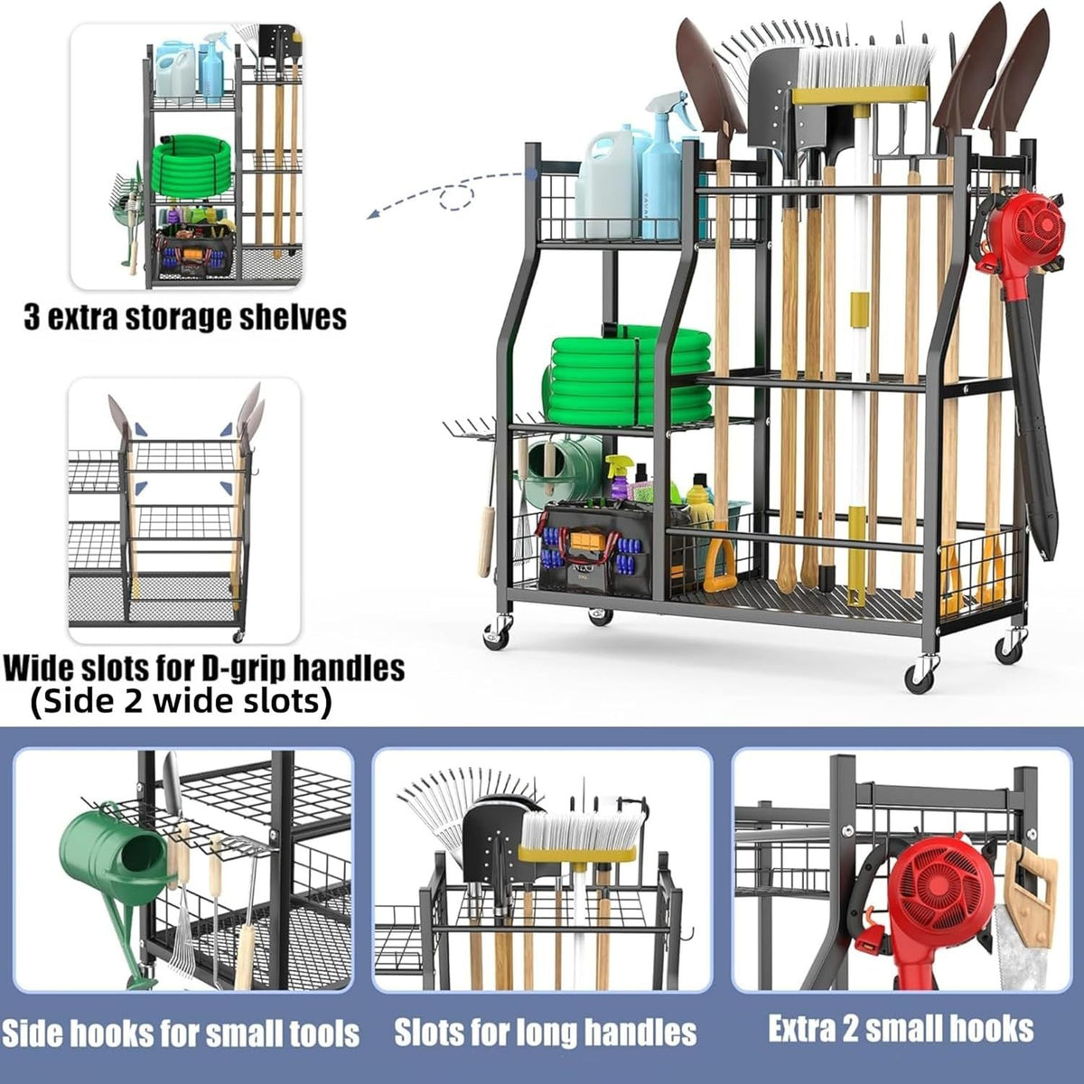Rolling Garden Tool Organizer for Rakes, Shovels, and Yard Tools