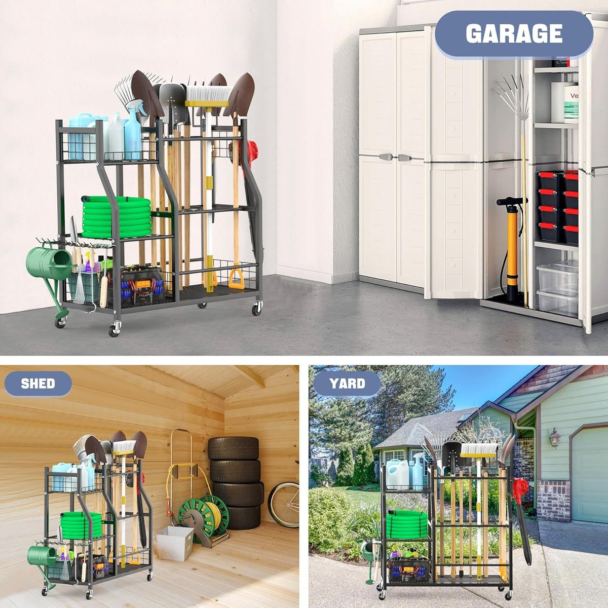 Rolling Garden Tool Organizer for Rakes, Shovels, and Yard Tools
