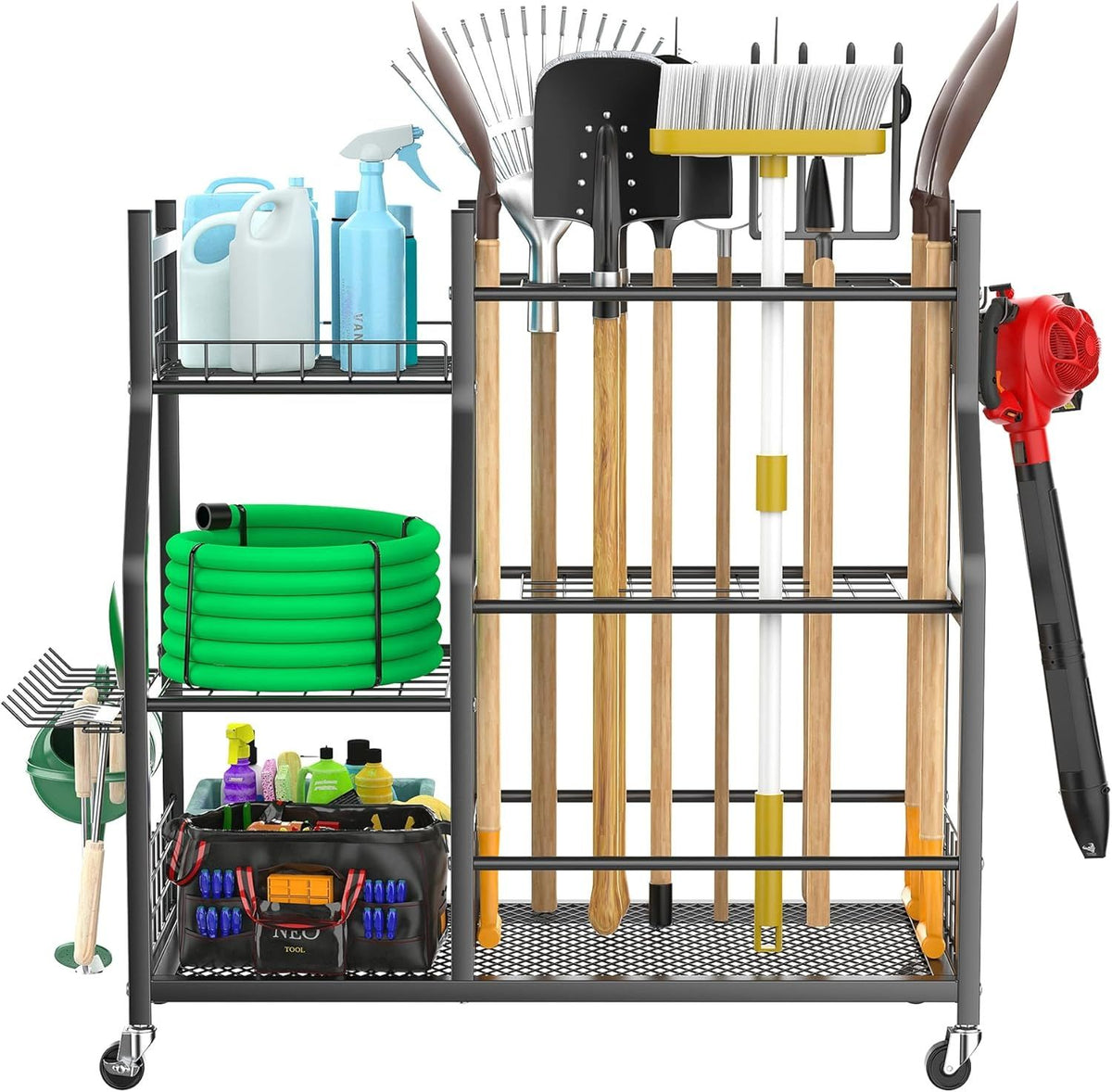 Rolling Garden Tool Organizer for Rakes, Shovels, and Yard Tools