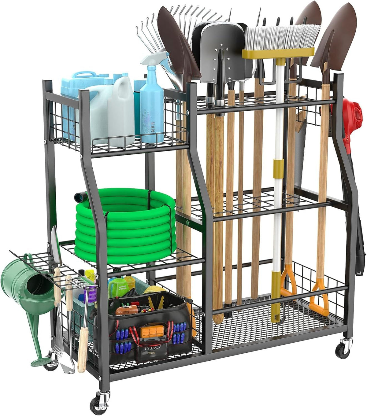 Rolling Garden Tool Organizer for Rakes, Shovels, and Yard Tools
