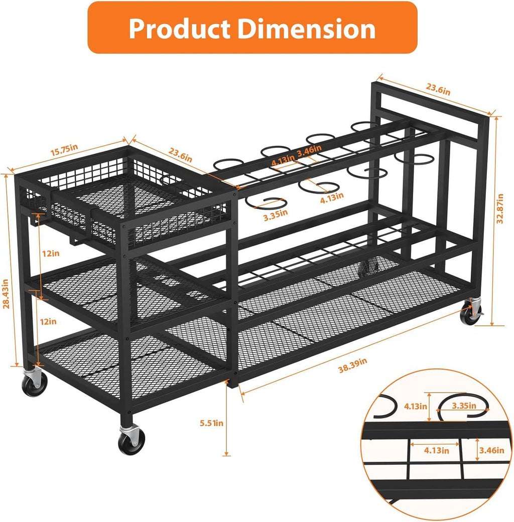 Wheeled Garden Tool Rack with Hooks for Rakes, Brooms, and Shovels