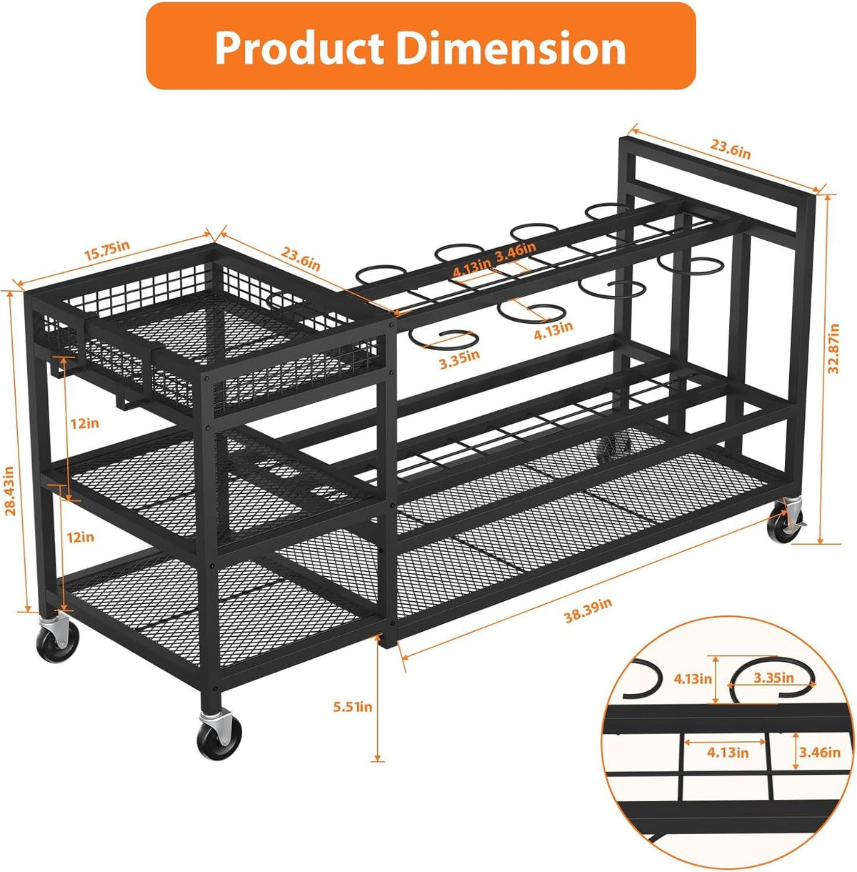 Wheeled Garden Tool Rack with Hooks for Rakes, Brooms, and Shovels