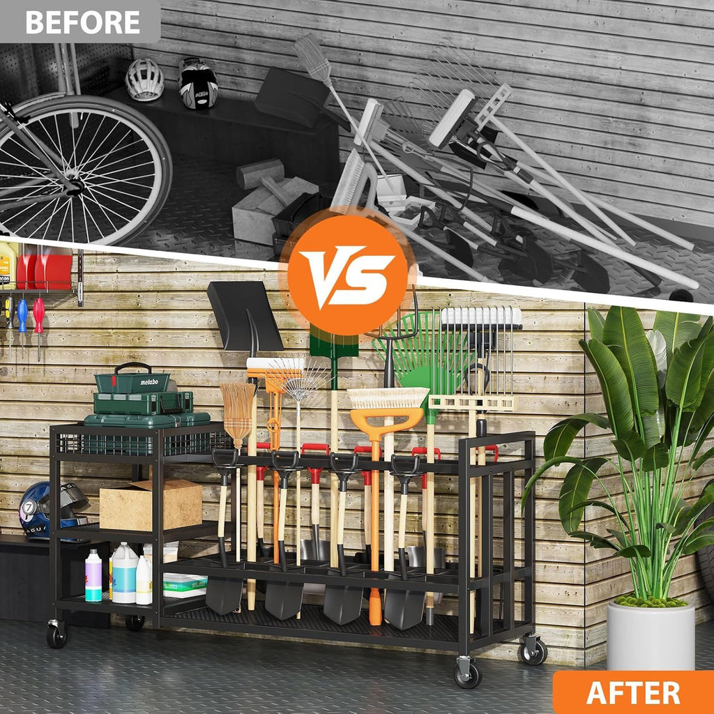 Wheeled Garden Tool Rack with Hooks for Rakes, Brooms, and Shovels
