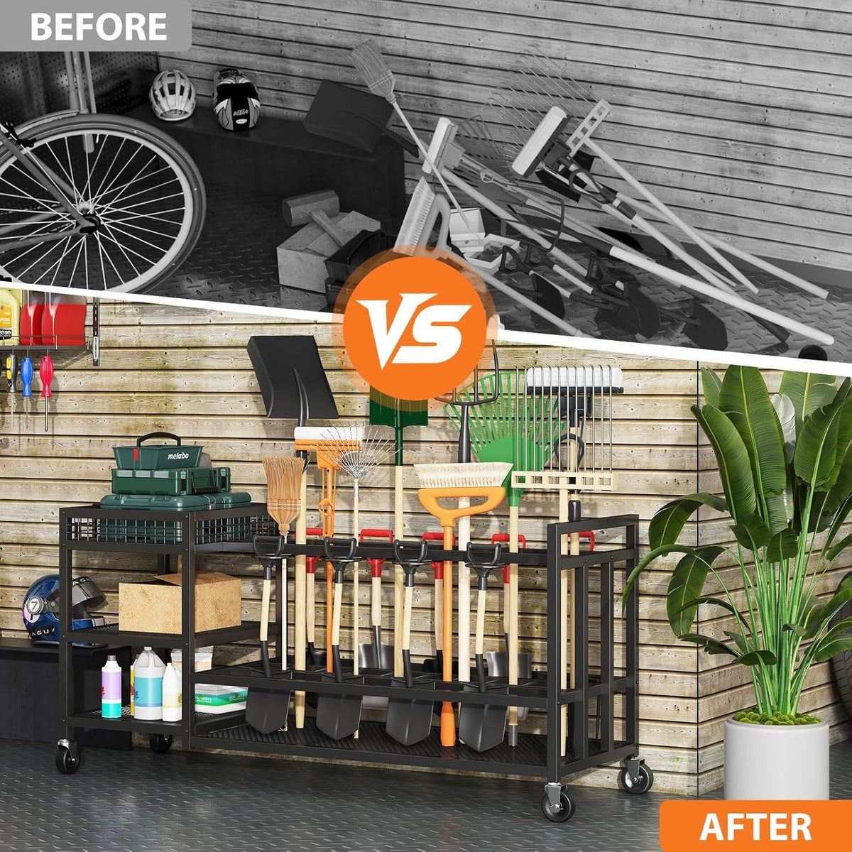 Wheeled Garden Tool Rack with Hooks for Rakes, Brooms, and Shovels