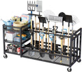 Wheeled Garden Tool Rack with Hooks for Rakes, Brooms, and Shovels