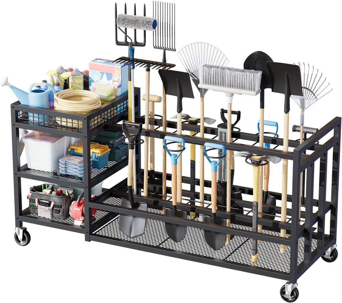 Wheeled Garden Tool Rack with Hooks for Rakes, Brooms, and Shovels