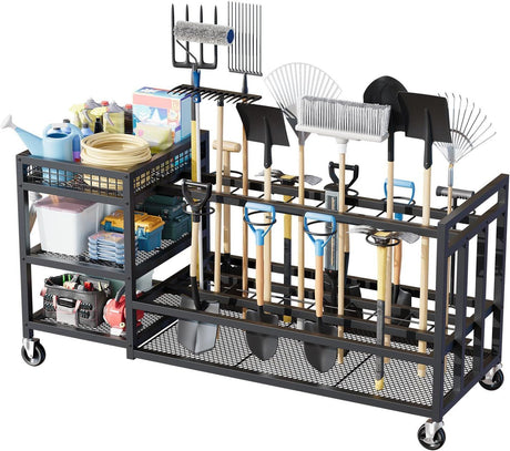 Wheeled Garden Tool Rack with Hooks for Rakes, Brooms, and Shovels