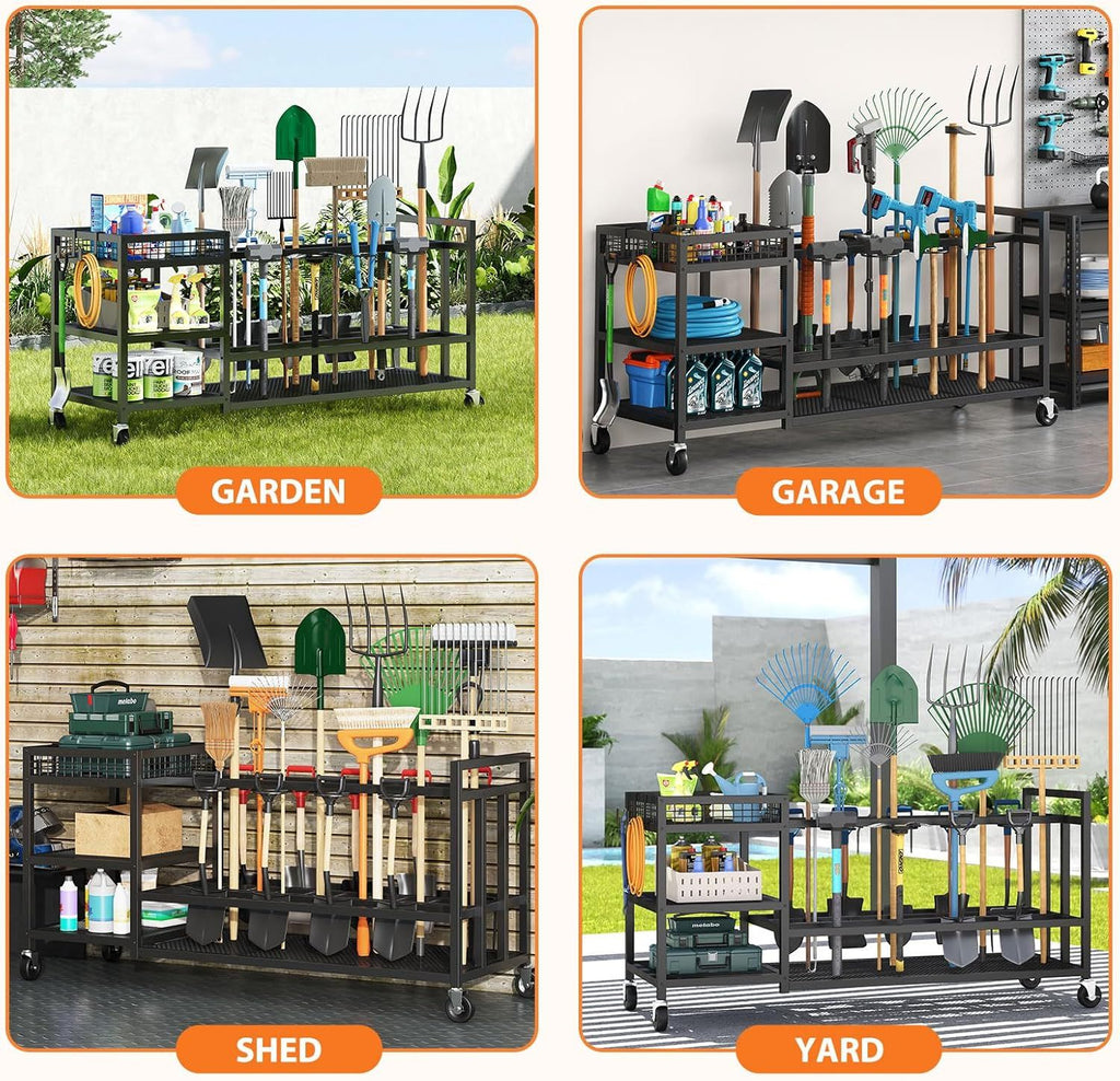 Wheeled Garden Tool Rack with Hooks for Rakes, Brooms, and Shovels