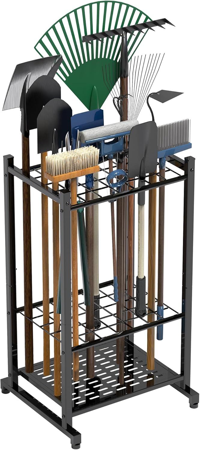 Garden Tool Tower Rack Keeps Long-Handled Yard Tools Upright