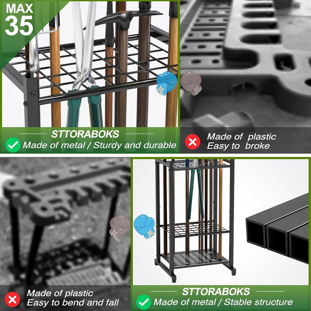 Garden Tool Tower Rack Keeps Long-Handled Yard Tools Upright