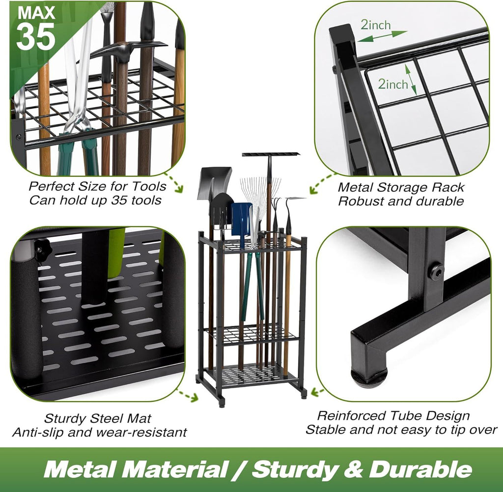 Garden Tool Tower Rack Keeps Long-Handled Yard Tools Upright