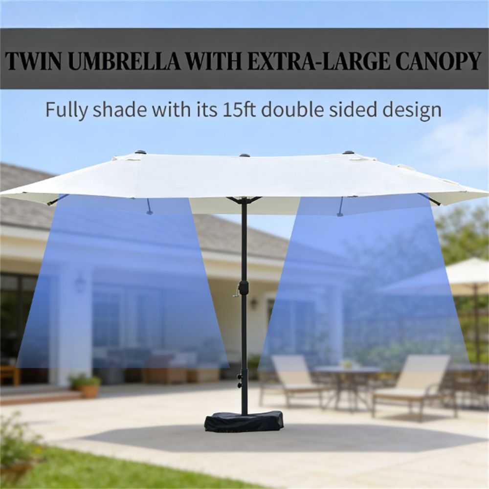 Double-Sided Beige Patio Umbrella with Crank and Base