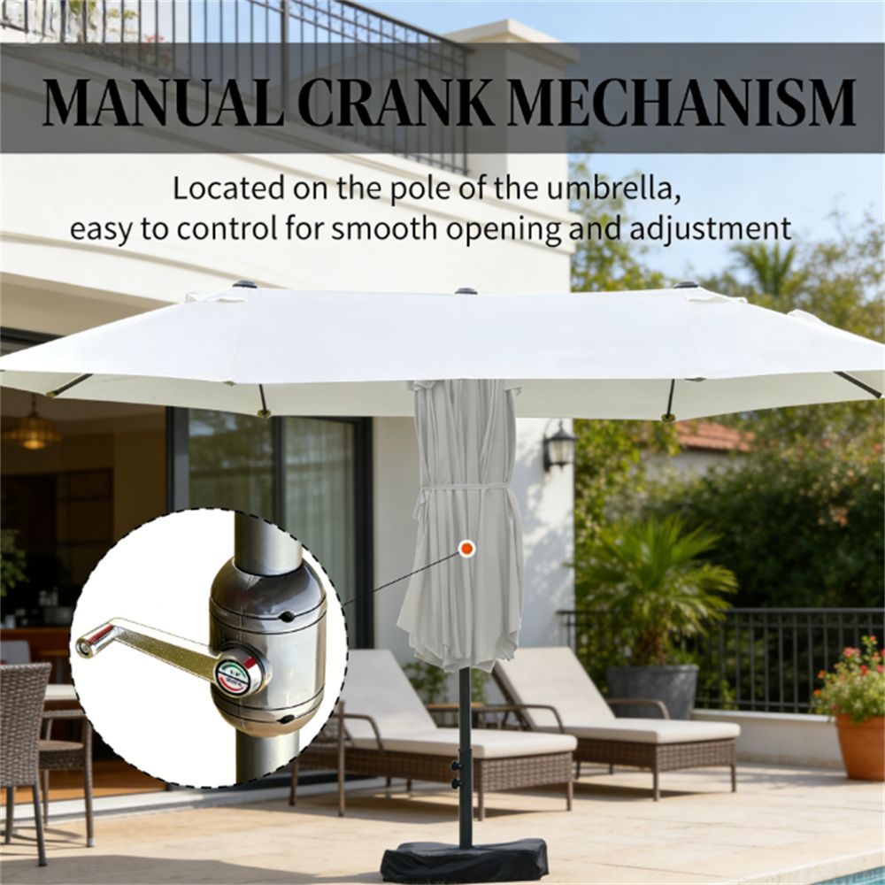 Double-Sided Beige Patio Umbrella with Crank and Base