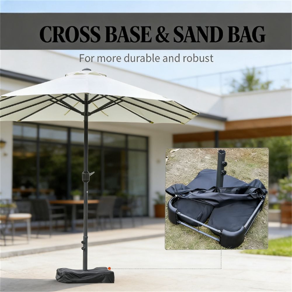 Double-Sided Beige Patio Umbrella with Crank and Base
