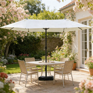 Double-Sided Beige Patio Umbrella with Crank and Base