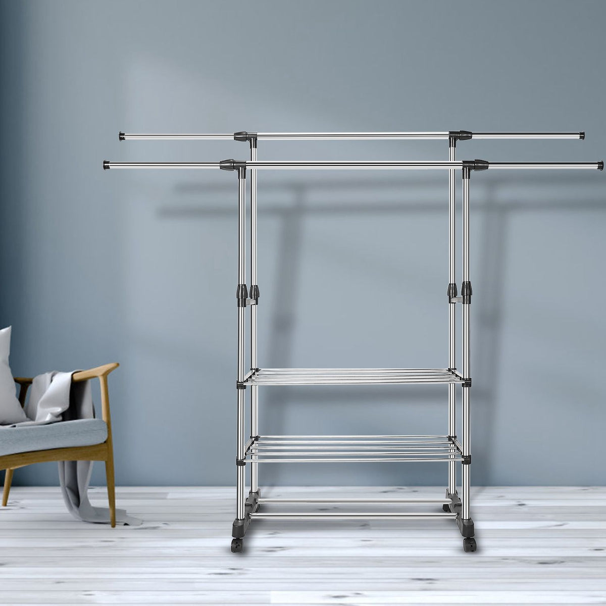 Extendable Double-Rail Garment Rack on Wheels
