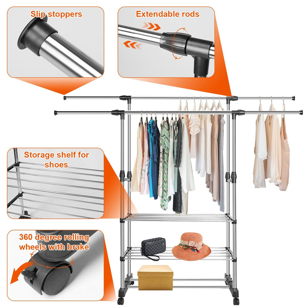 Extendable Double-Rail Garment Rack on Wheels
