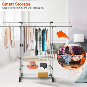 Extendable Double-Rail Garment Rack on Wheels