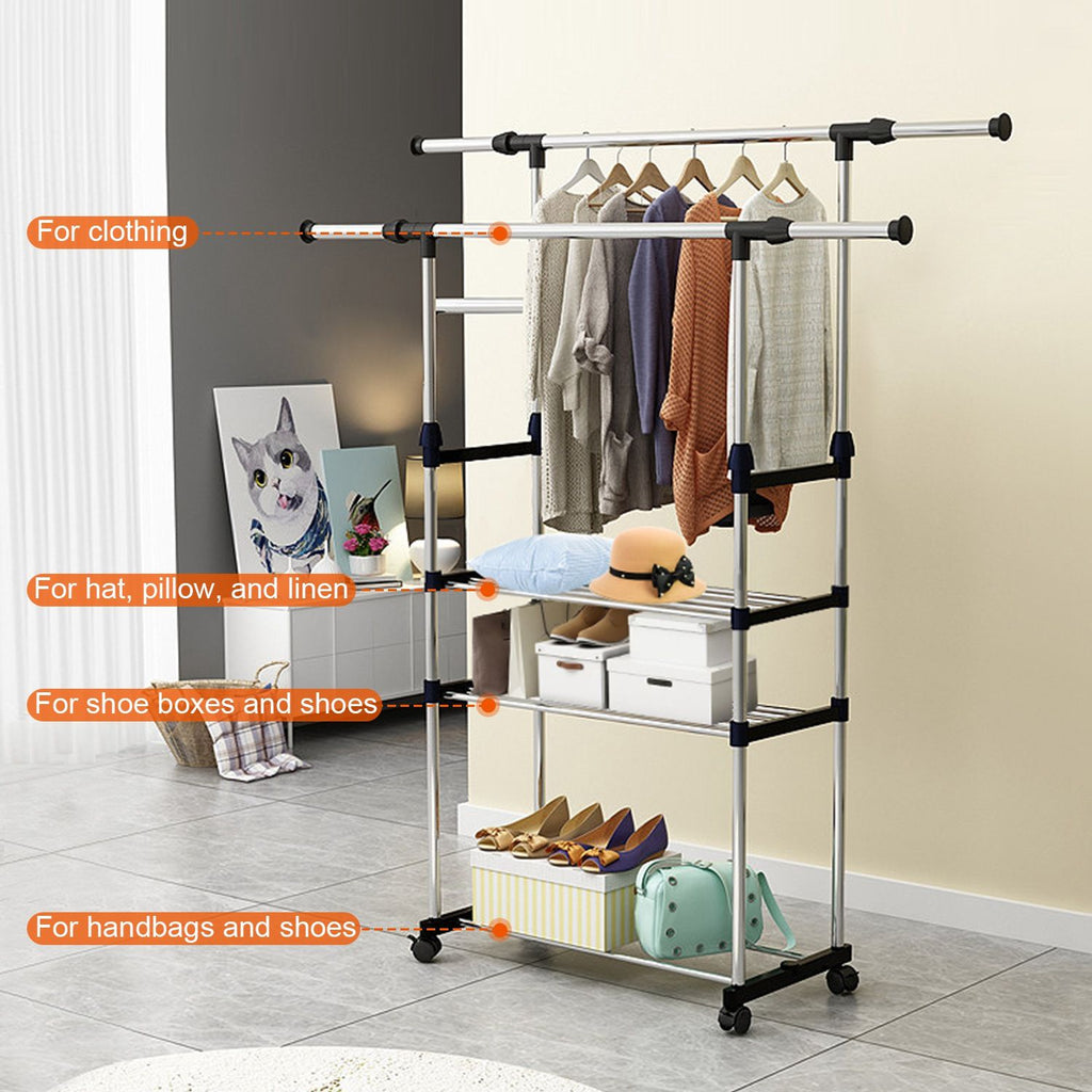 Extendable Double-Rail Garment Rack on Wheels
