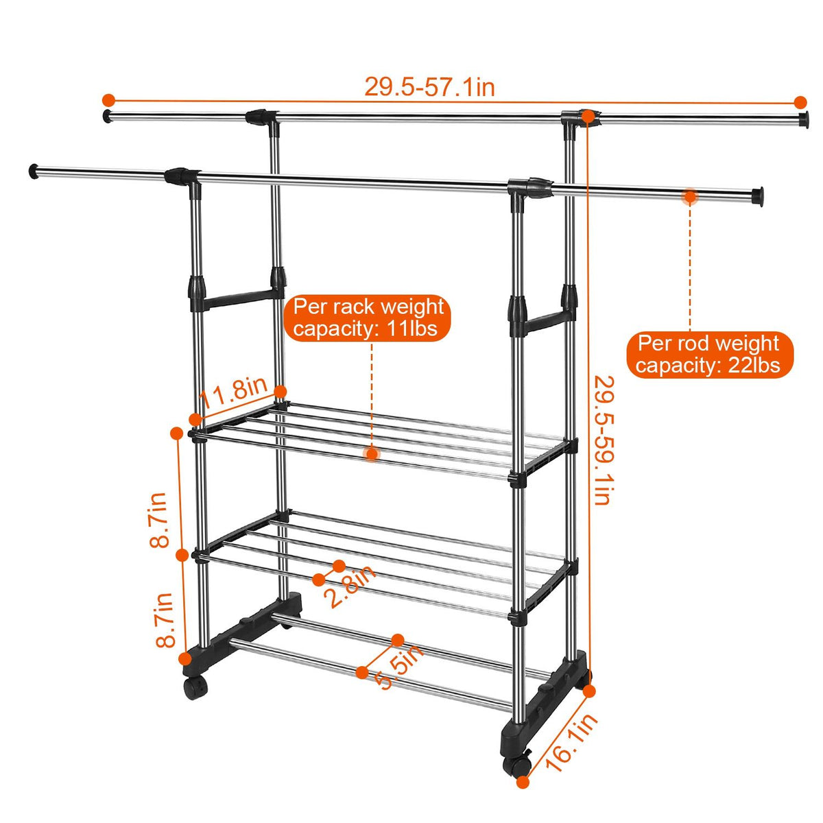 Extendable Double-Rail Garment Rack on Wheels
