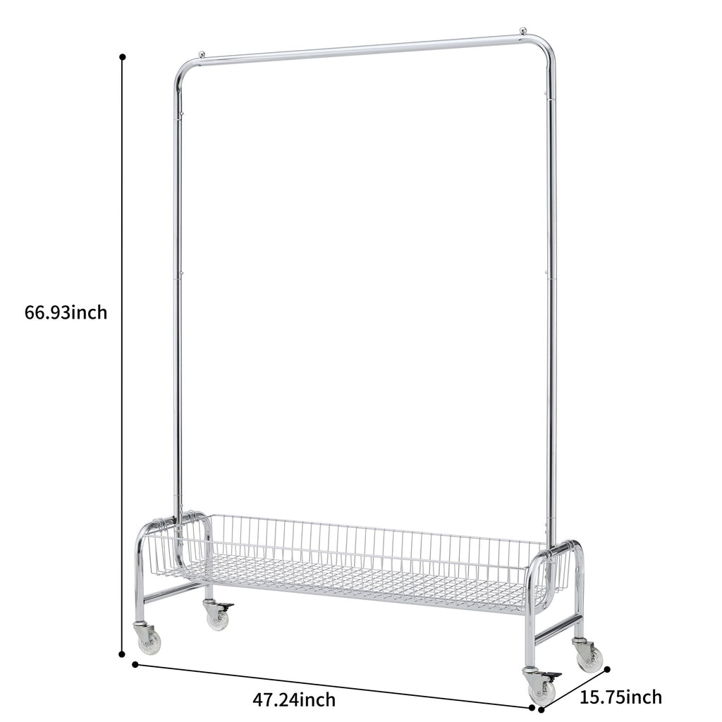 Rolling Garment Rack with Basket, Hanging Bar and Locking Casters