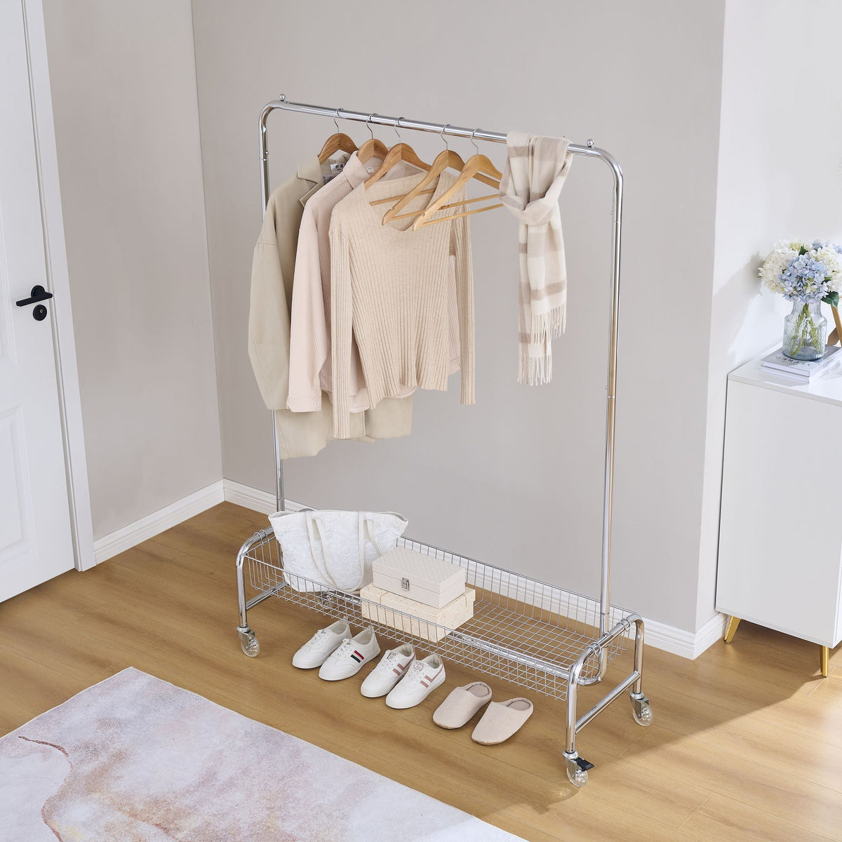 Rolling Garment Rack with Basket, Hanging Bar and Locking Casters