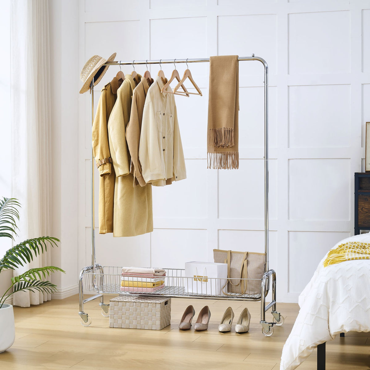 Rolling Garment Rack with Basket, Hanging Bar and Locking Casters
