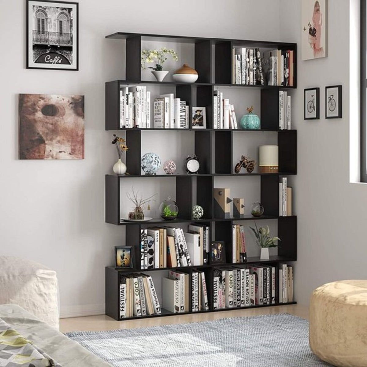 Black S-Shaped Geometric Display Bookcase