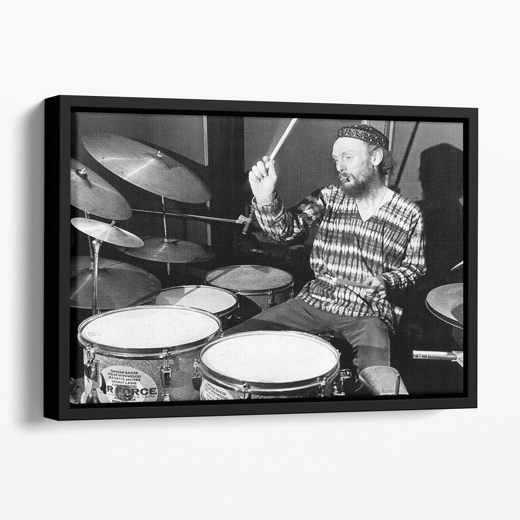 Ginger Baker on the Drums – Floating Framed Canvas Art - 40" x 26" / 100cm x 65cm (approx) / Black