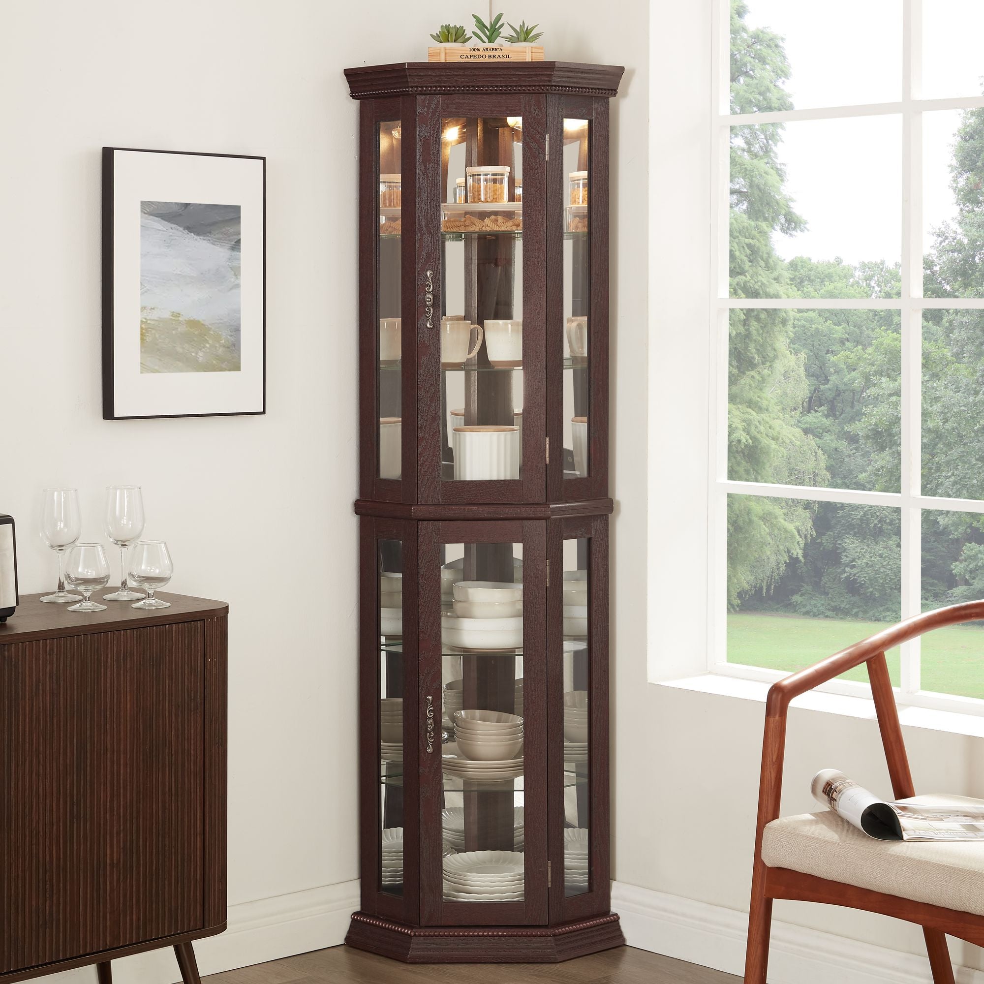 Lighted Corner Curio Cabinet with Adjustable Shelves