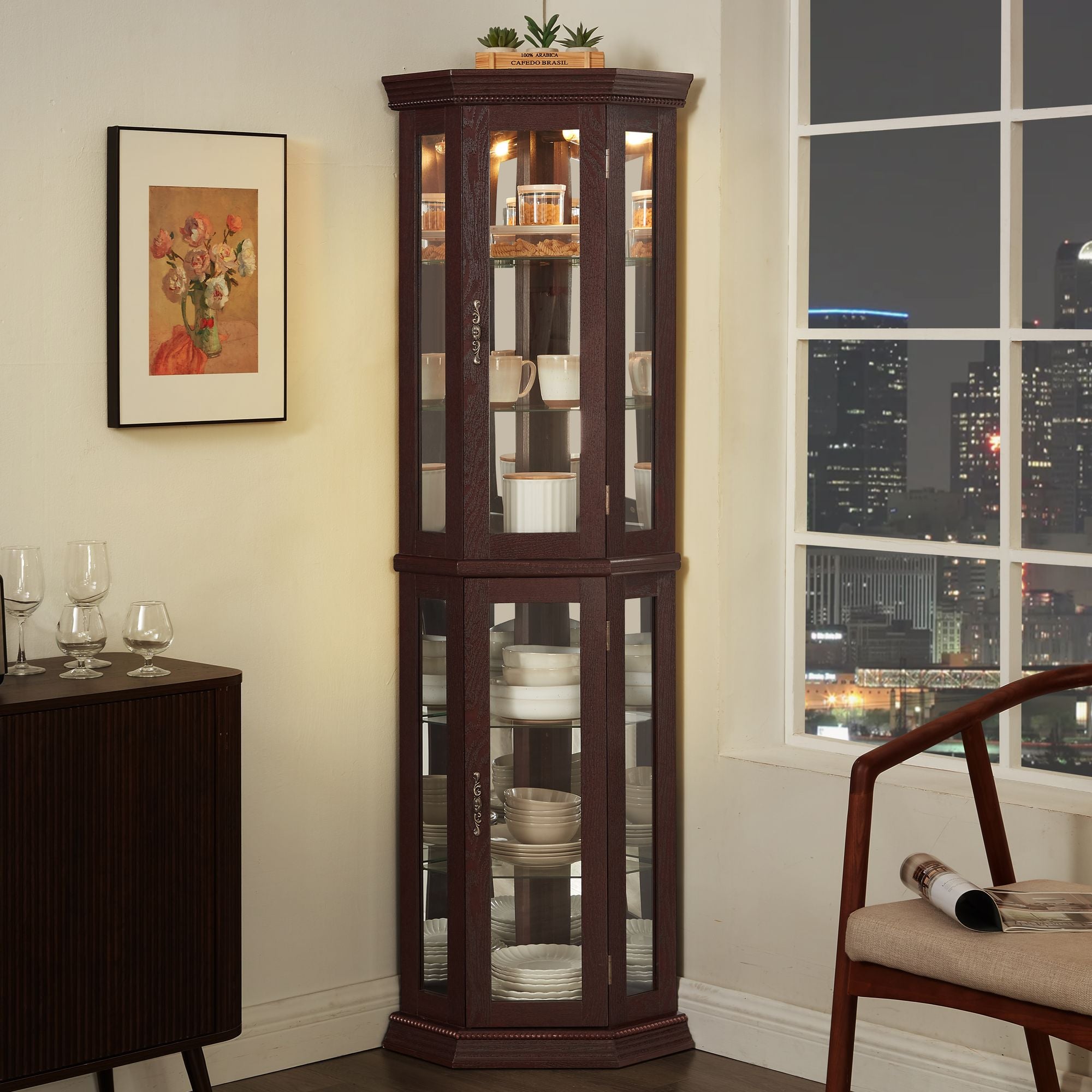 Lighted Corner Curio Cabinet with Adjustable Shelves