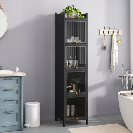 Modern Glass Door Cabinet with Fluted Doors and Adjustable Shelves