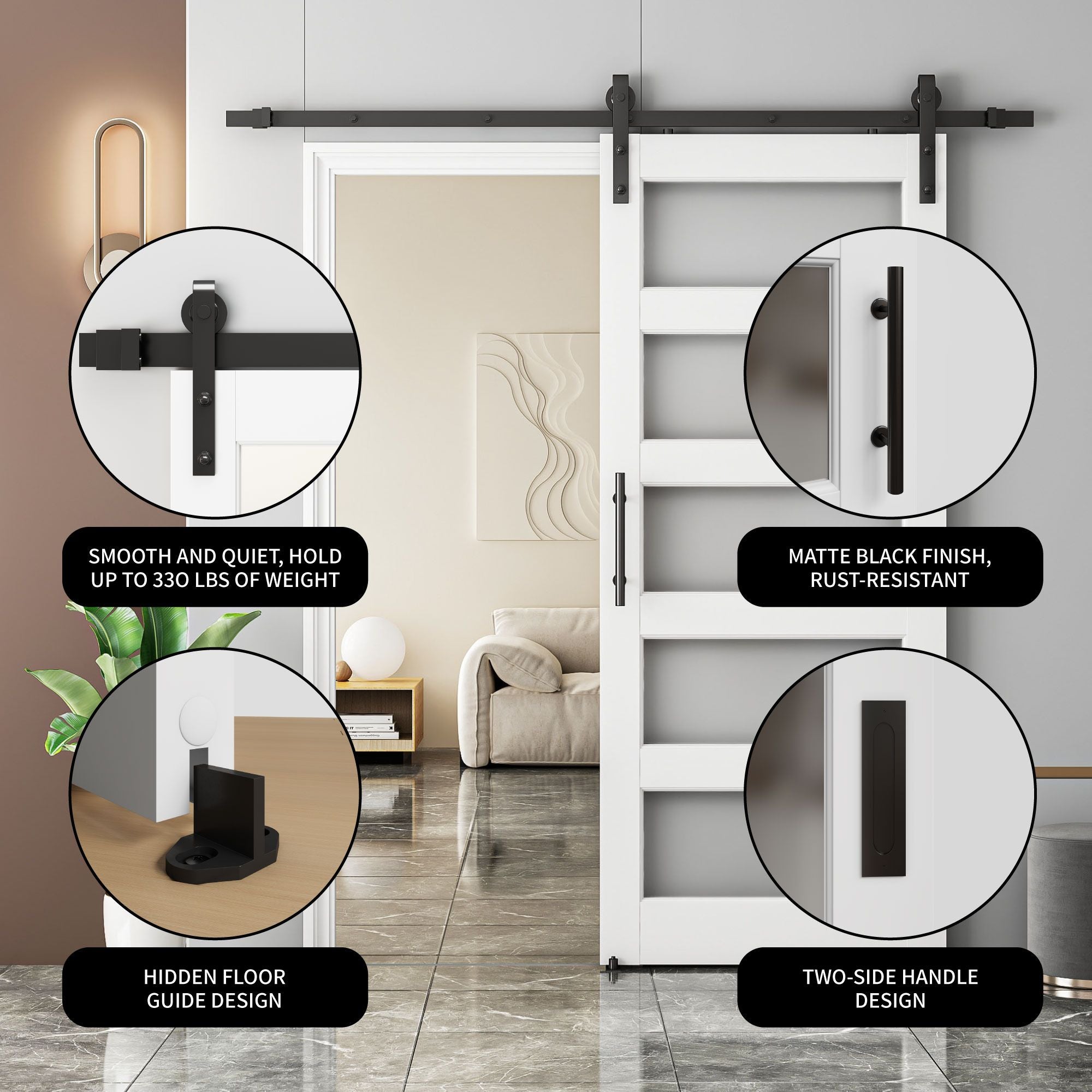 5-Panel Frosted Glass Sliding Barn Door with Hardware Kit