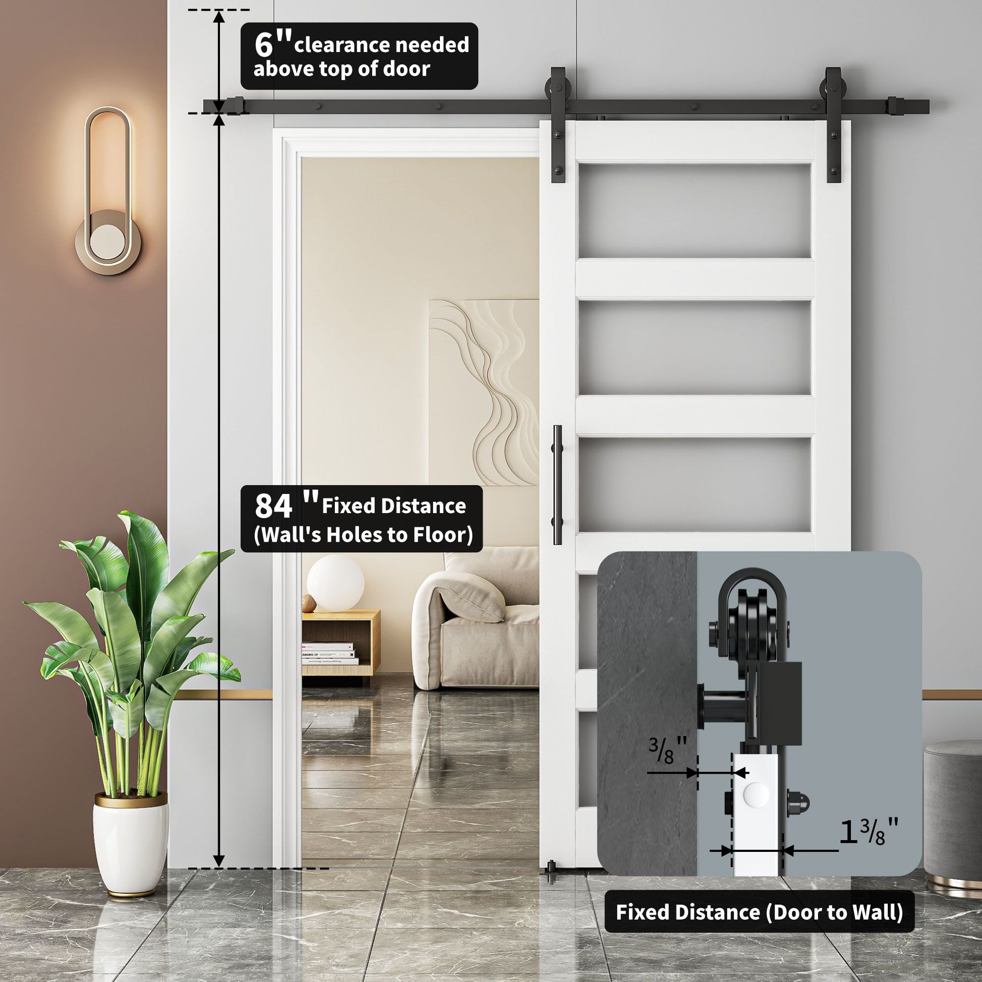 5-Panel Frosted Glass Sliding Barn Door with Hardware Kit