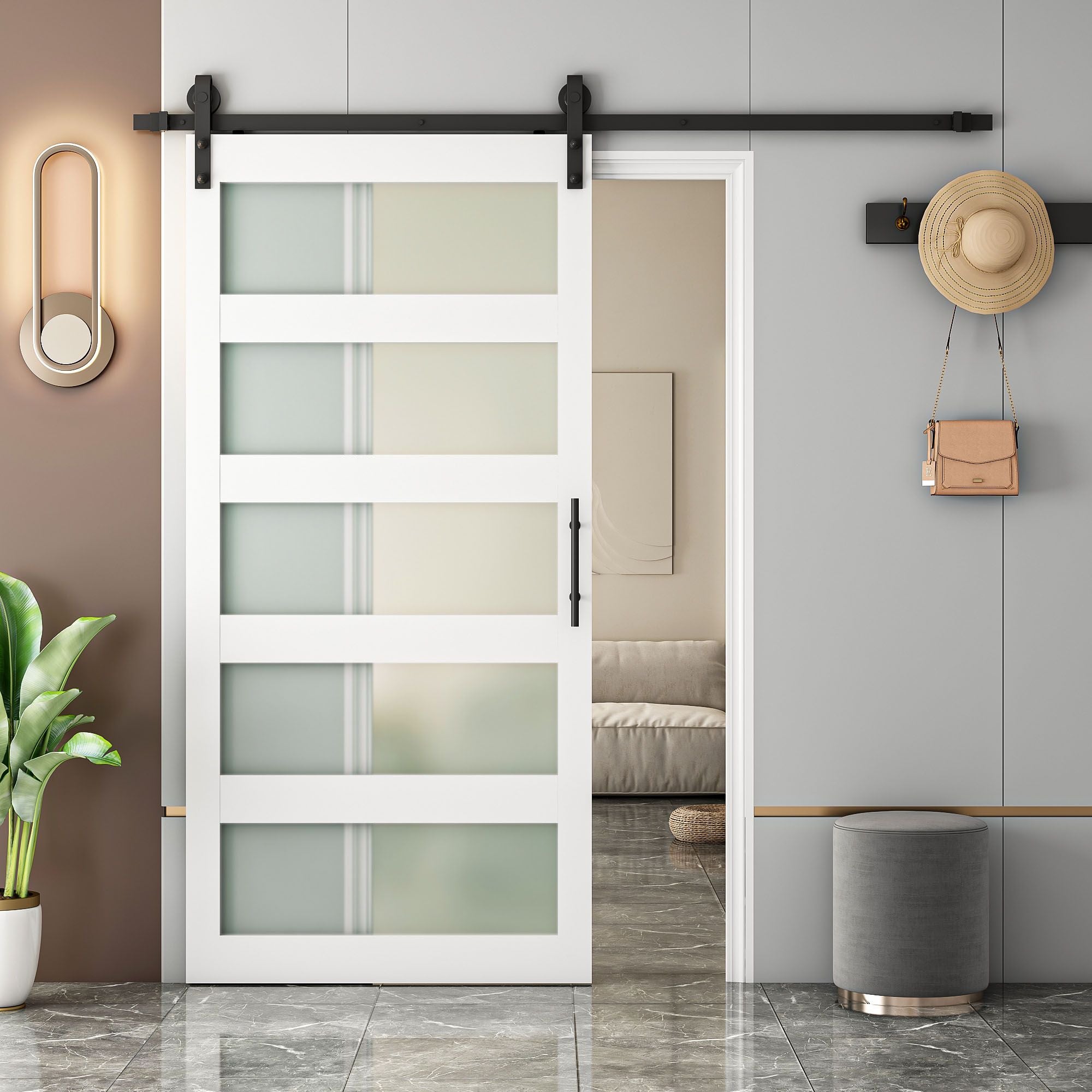 5-Panel Frosted Glass Sliding Barn Door with Hardware Kit