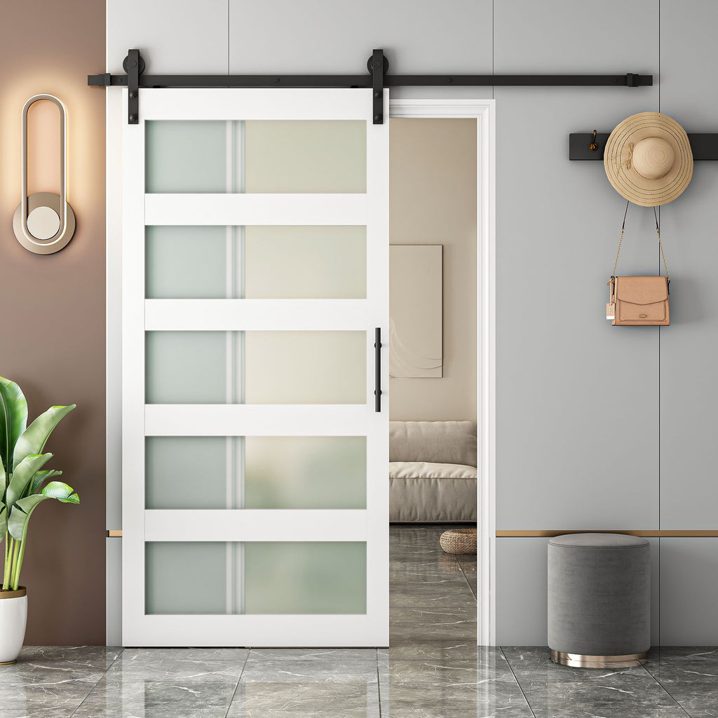 5-Panel Frosted Glass Sliding Barn Door with Hardware Kit