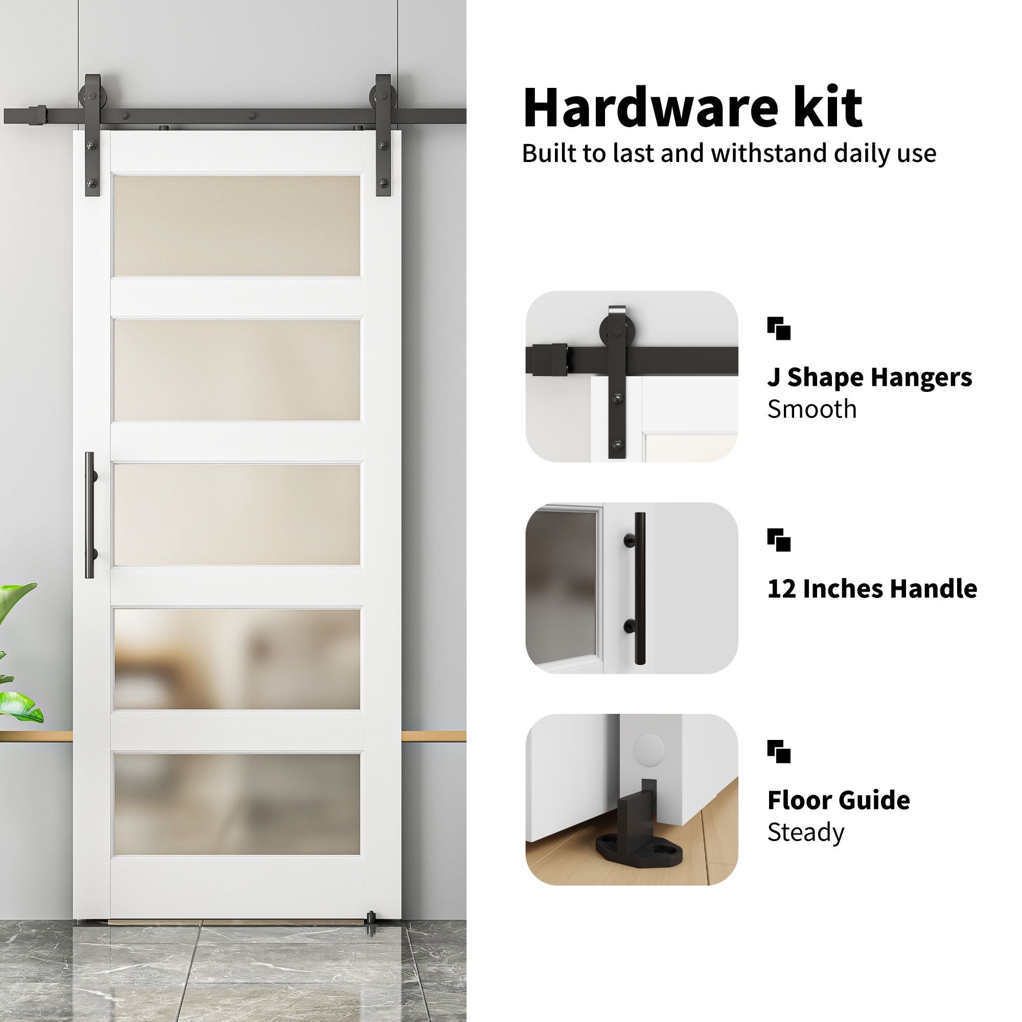 5-Panel Frosted Glass Sliding Barn Door with Hardware Kit