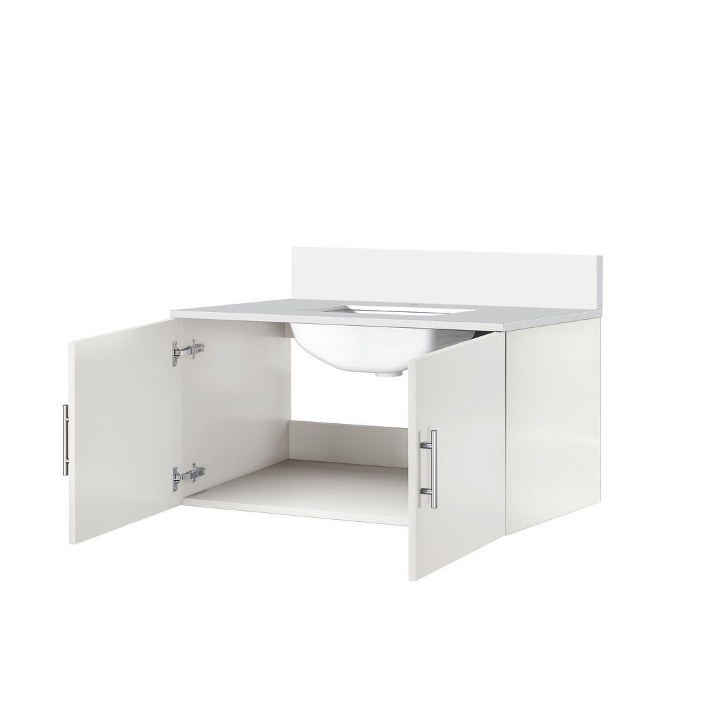 Glossy White Bath Vanity with Marble Top and Soft Close Storage