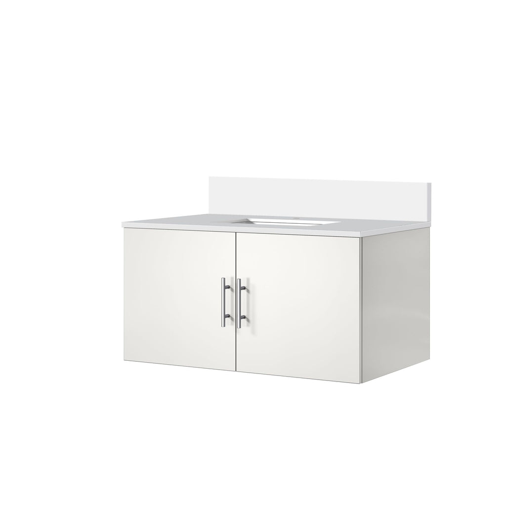 Glossy White Bath Vanity with Marble Top and Soft Close Storage