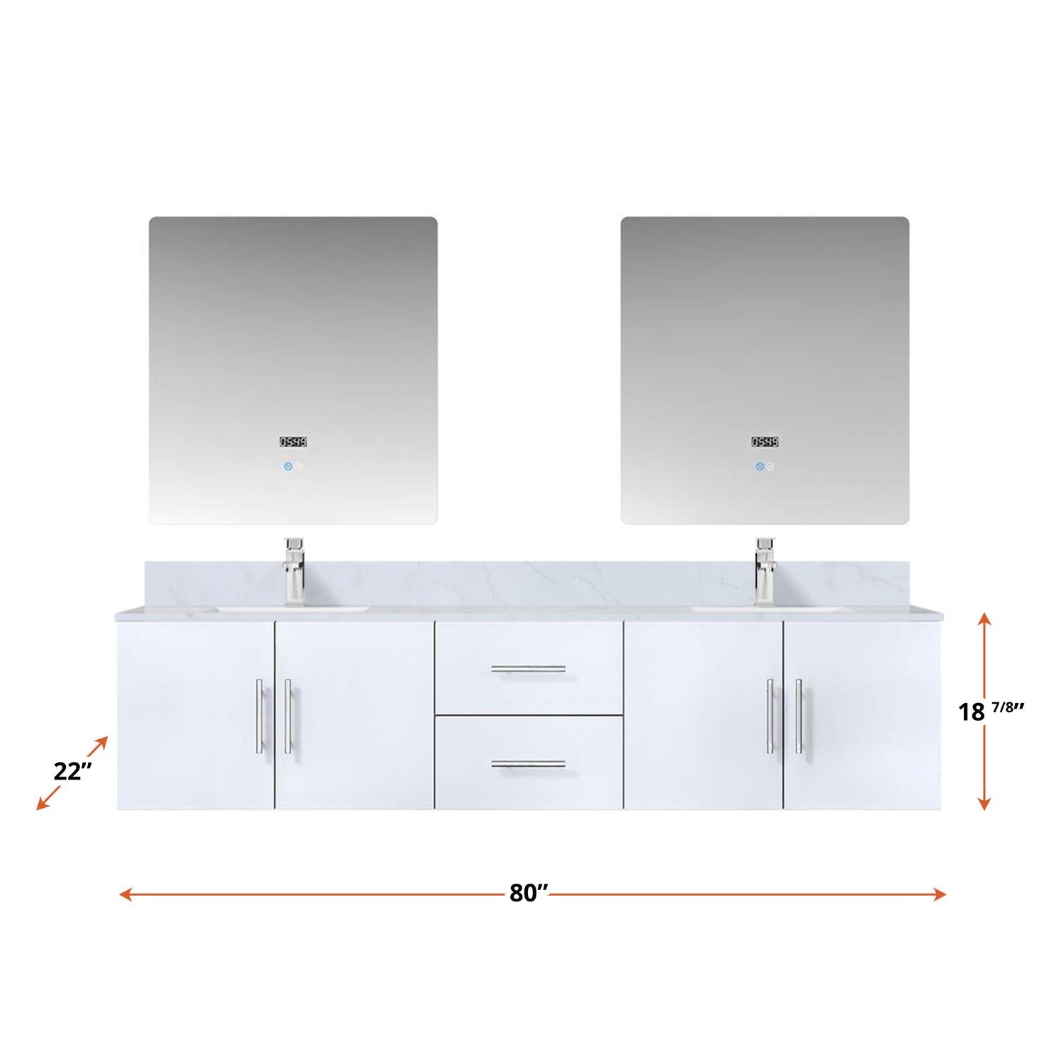 Glossy White Double Bath Vanity with Carrara Marble Top and LED Mirrors