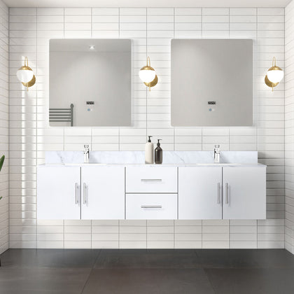 Glossy White Double Bath Vanity with Carrara Marble Top and LED Mirrors