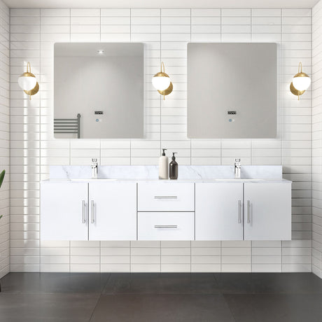 Glossy White Double Bath Vanity with Carrara Marble Top and LED Mirrors