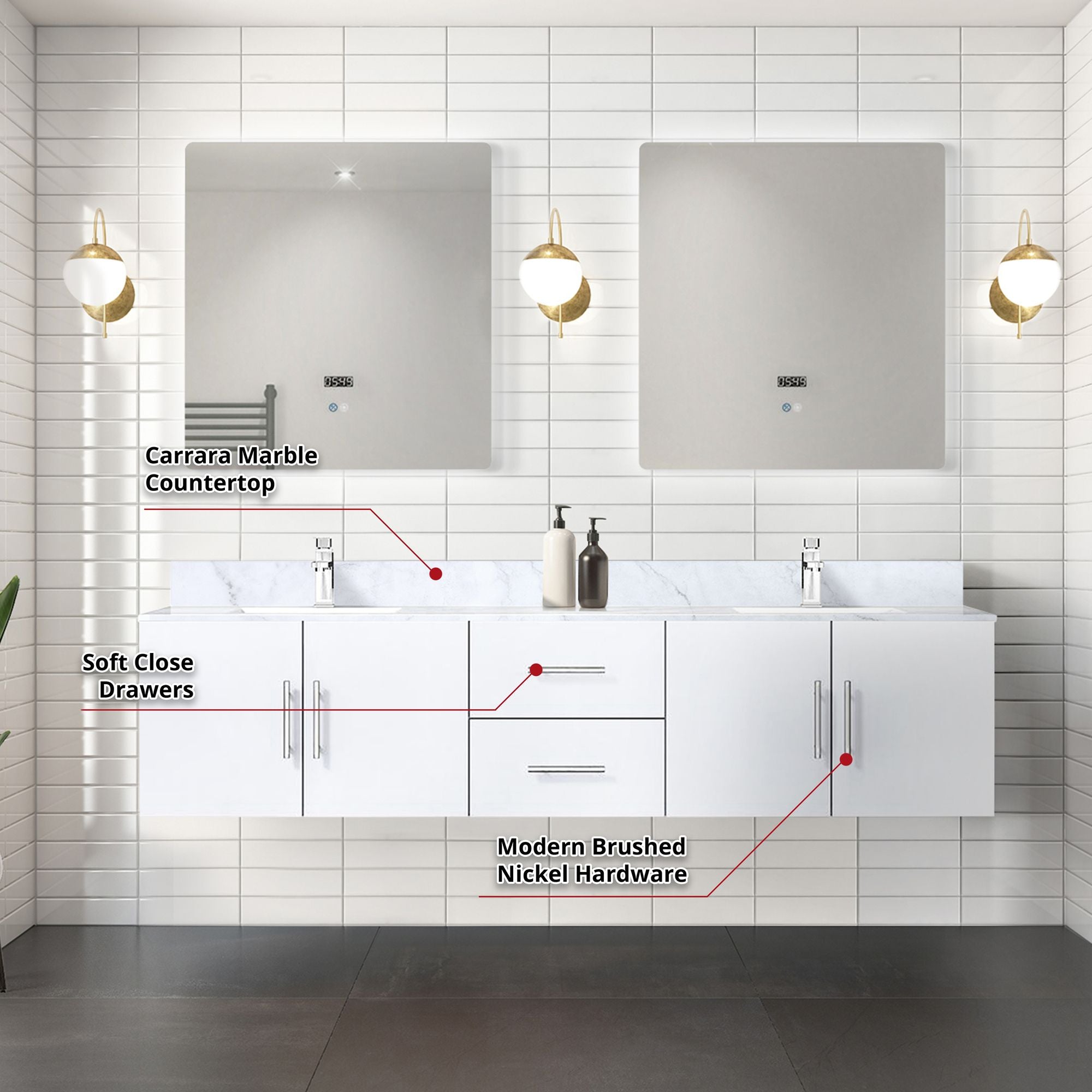 Glossy White Double Bath Vanity with Carrara Marble Top and LED Mirrors