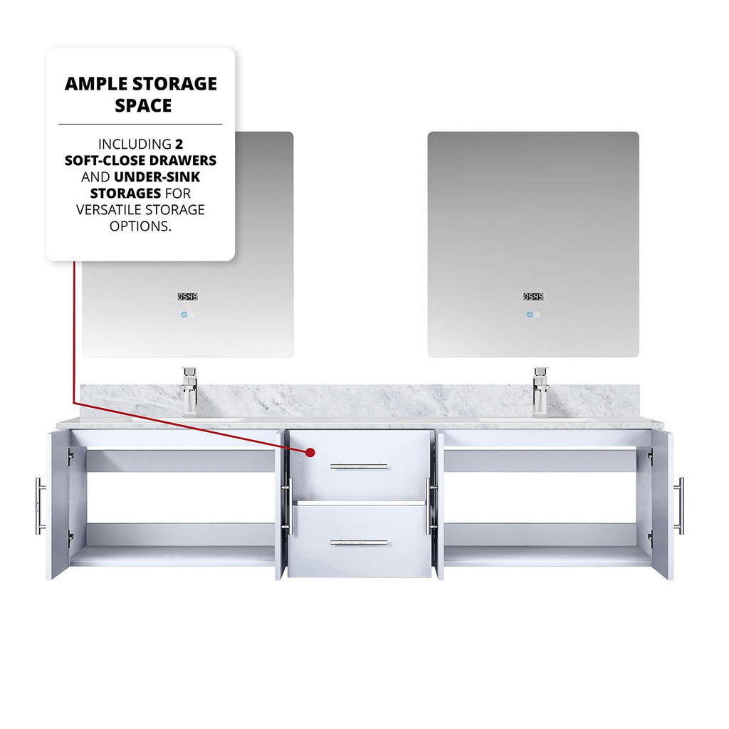 Glossy White Double Bath Vanity with Carrara Marble Top and LED Mirrors