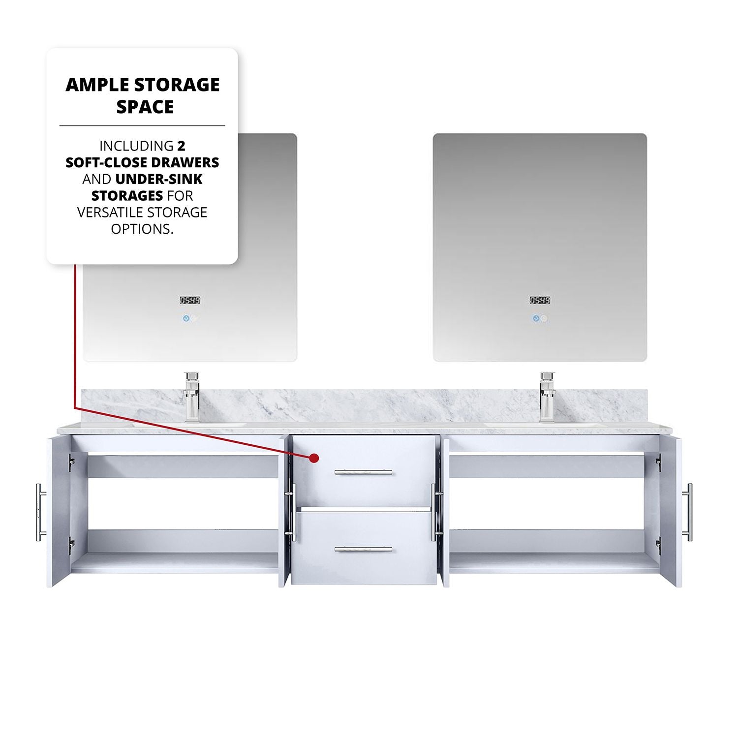Glossy White Double Bath Vanity with Carrara Marble Top and LED Mirrors